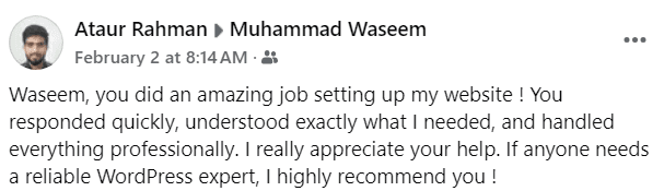 Facebook review screenshot from Ataur Rahman praising Muhammad Waseem WordPress work
