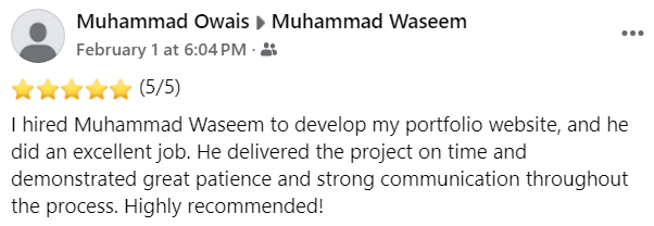 Facebook review screenshot from Muhammad Owais praising Waseem portfolio website development 5 stars
