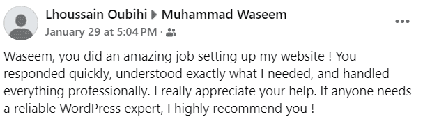 Facebook review screenshot from Lhoussain Oubihi praising Muhammad Waseem WordPress website setup