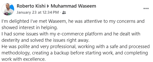 Facebook review screenshot from Roberto Kishi praising Muhammad Waseem WordPress work