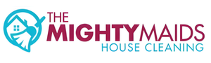 The Mighty Maids house cleaning service logo with home icon in green and red