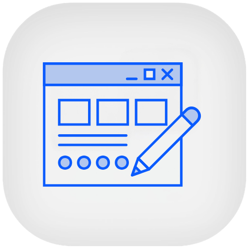 Blue outline browser window with pencil icon representing basic website builder