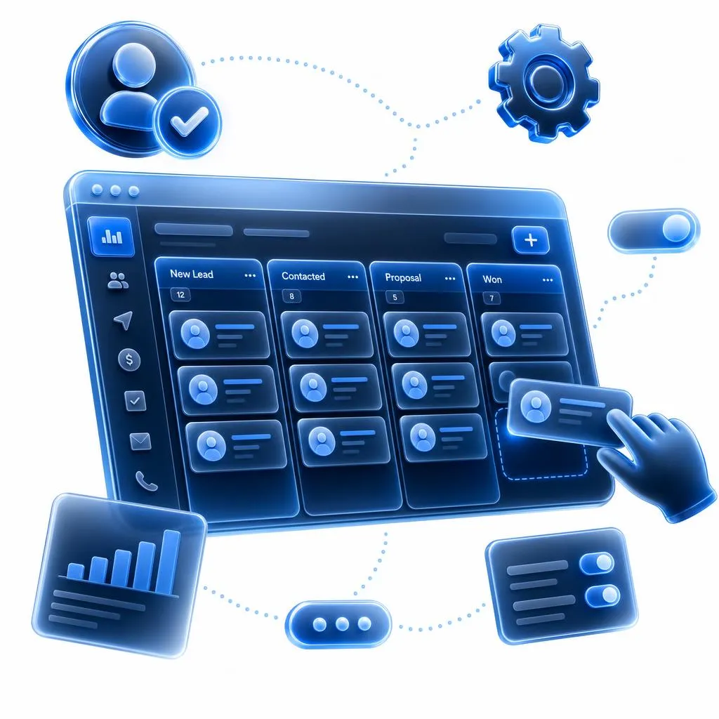 Glassmorphism 3D tablet showing GoHighLevel CRM dashboard with gear icons