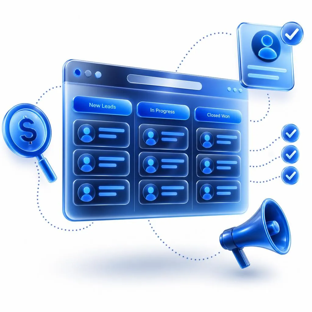 3D blue CRM contacts grid with megaphone icon for broadcast messaging