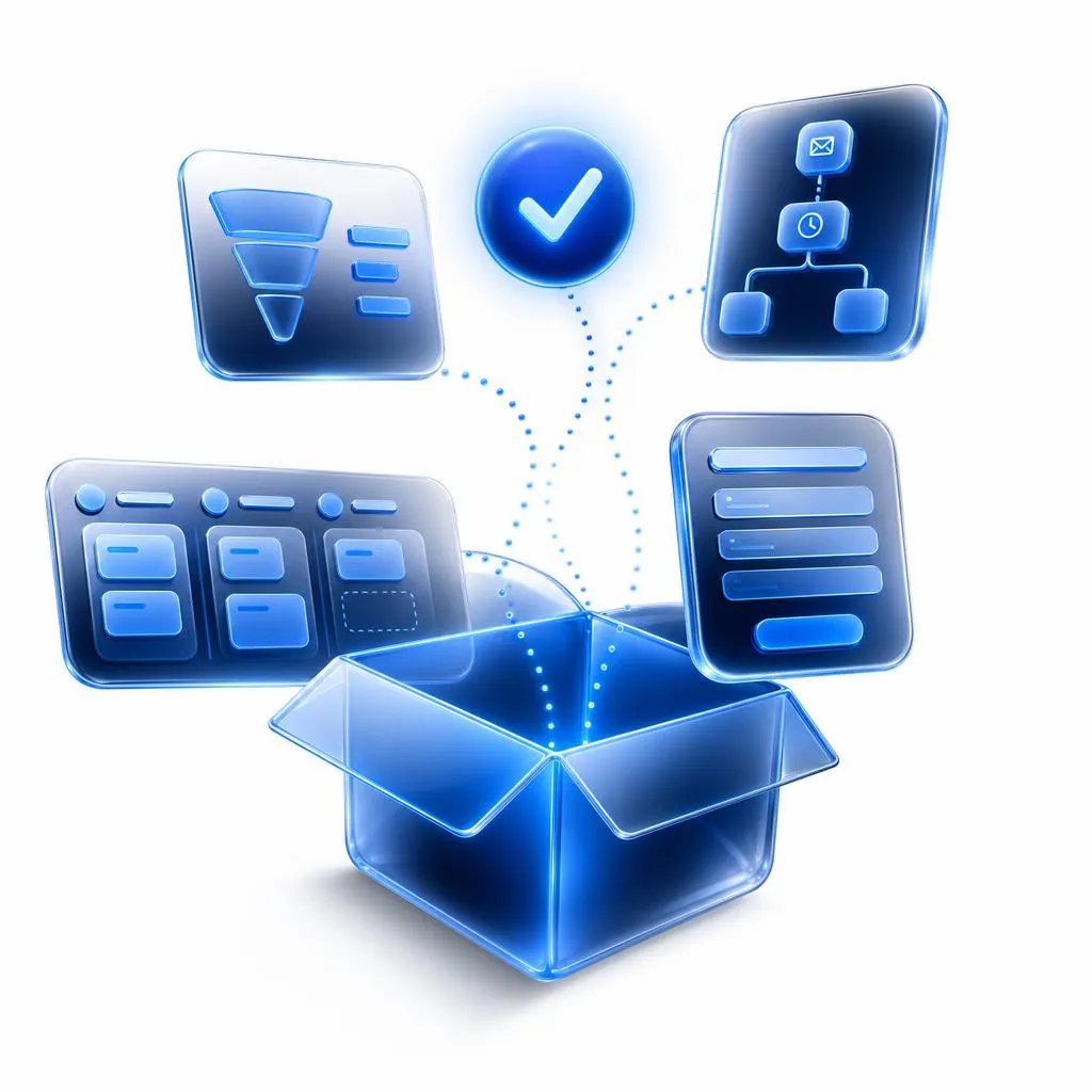 3D blue open box with floating icons representing GoHighLevel snapshot deployment