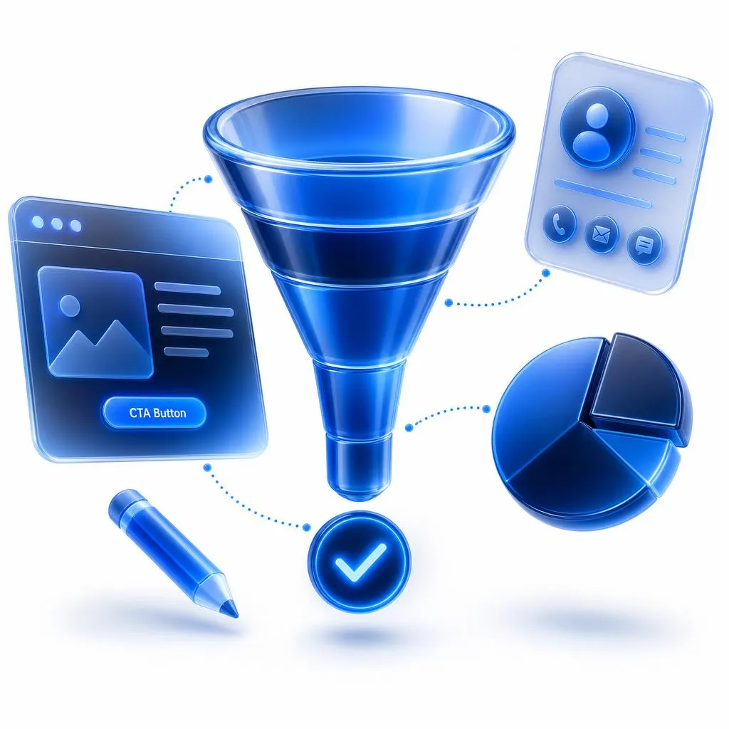 3D blue sales funnel with checkmarks and people icons for lead generation
