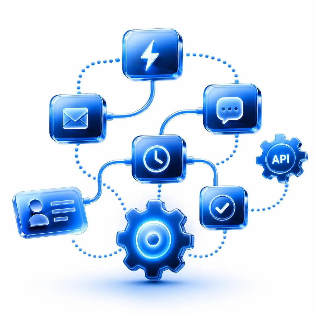 3D blue gear icon connected to social media and app icons showing integrations