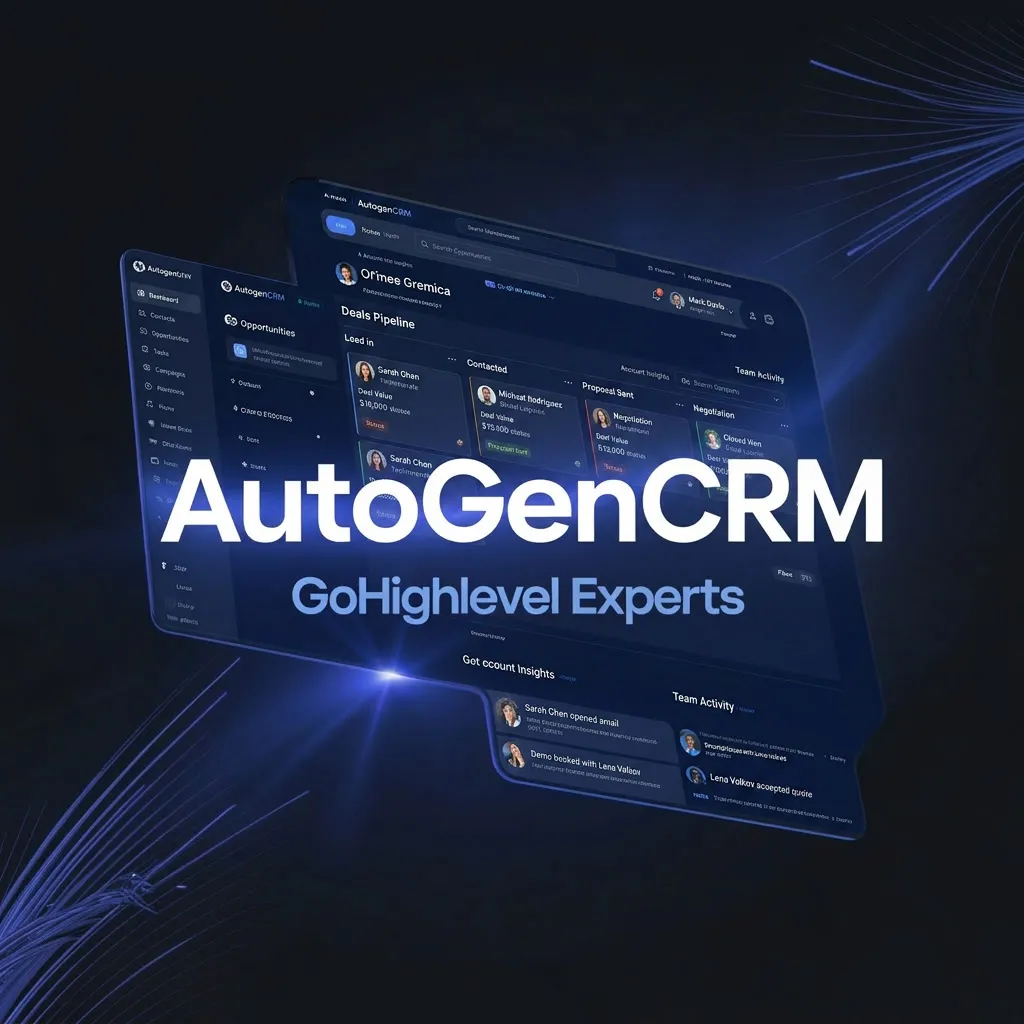 AutoGenCRM brand hero image with dark blue glowing interface