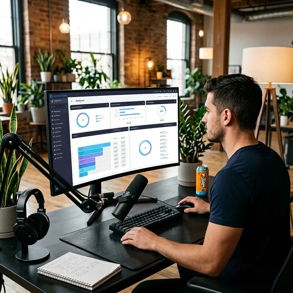 Man working at desk with multiple monitors showing marketing analytics