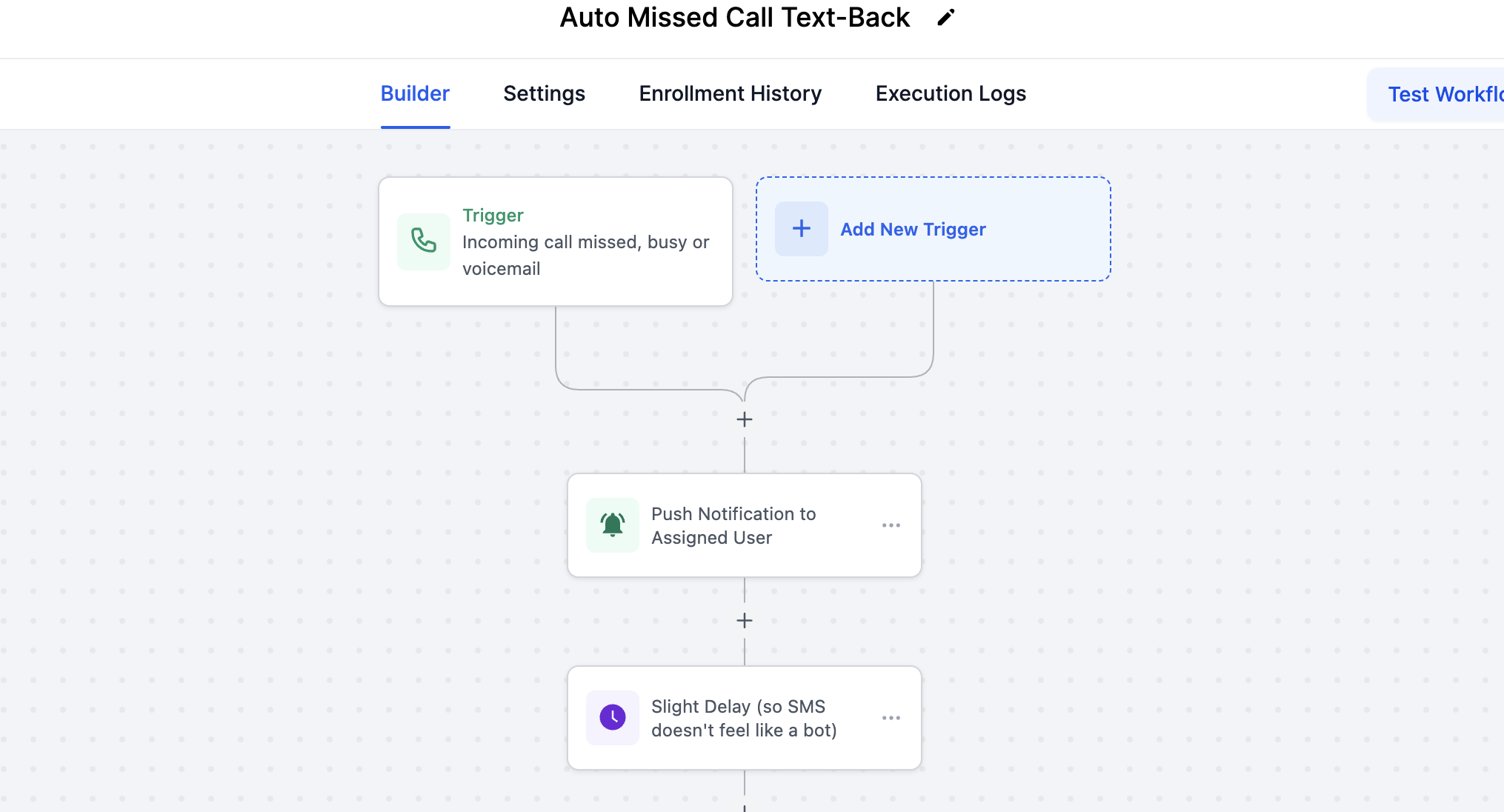 GoHighLevel automation workflow for missed calls