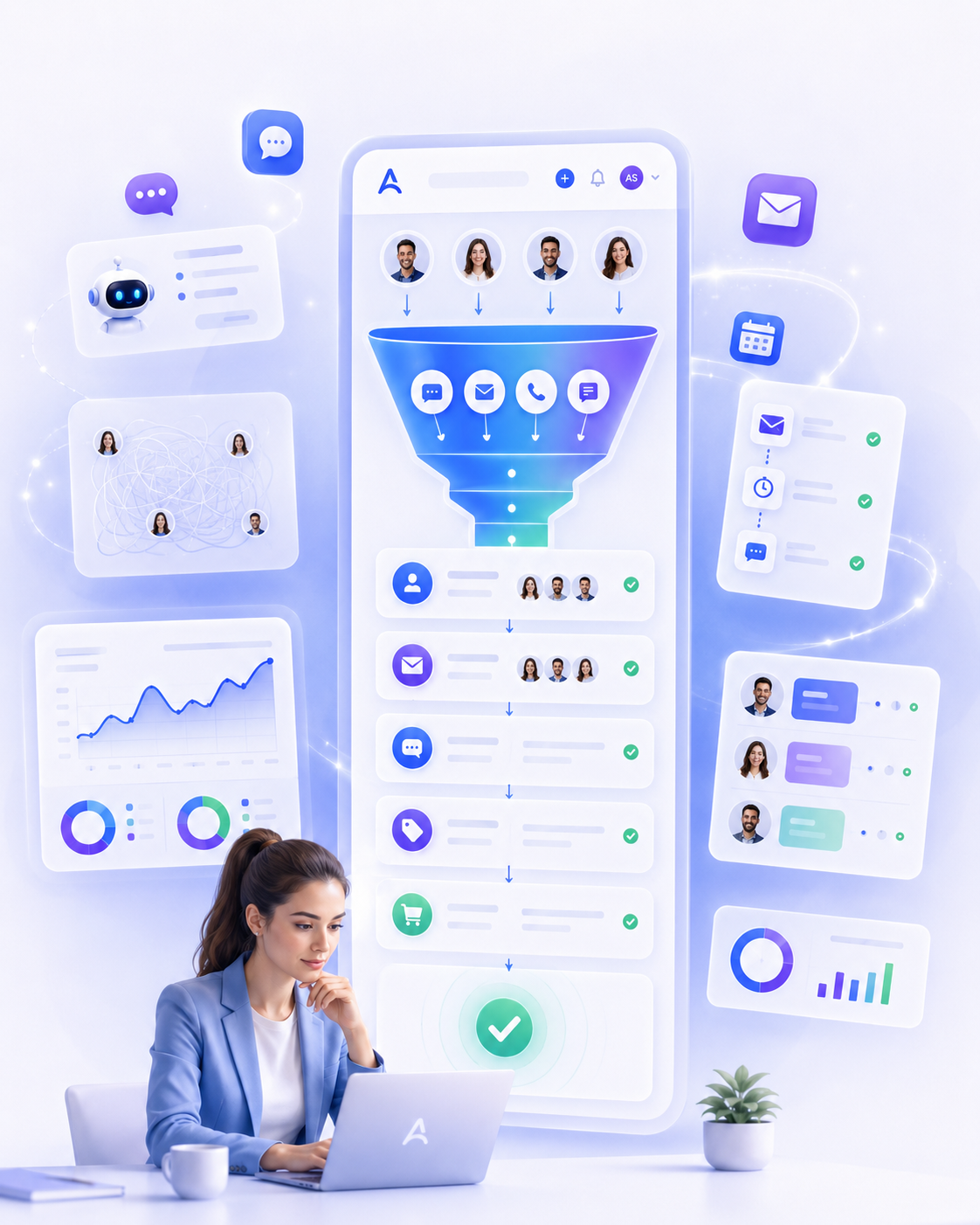 Woman using GoHighLevel CRM software for digital marketing.
