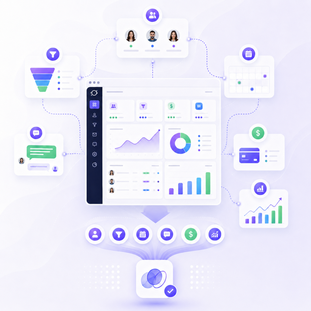 GoHighLevel CRM dashboard with marketing and sales tools.
