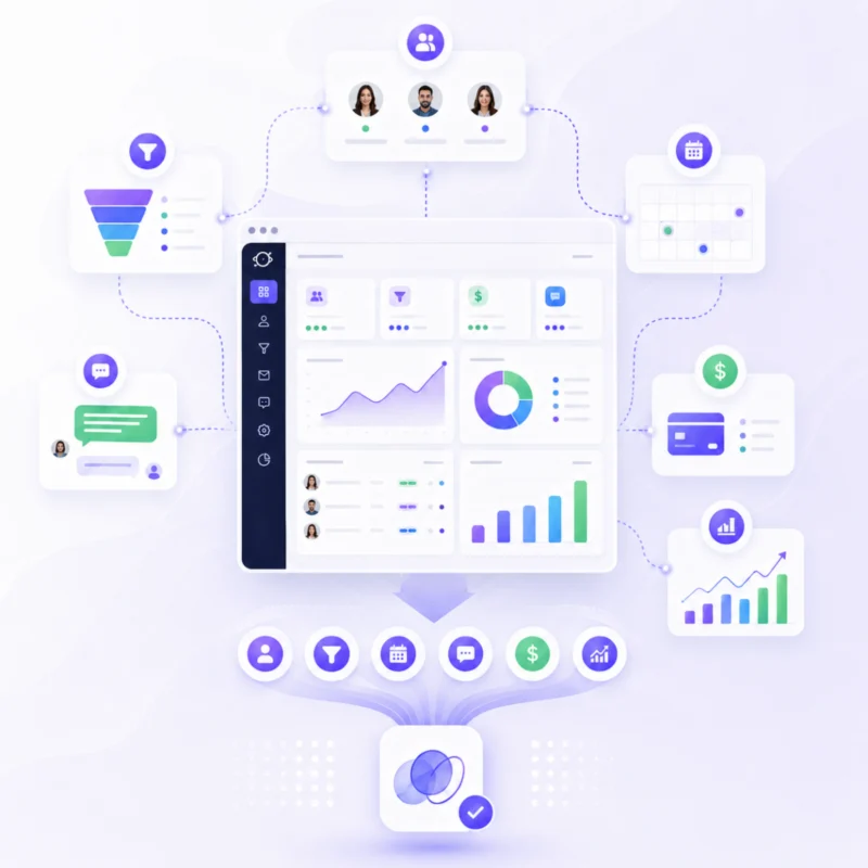 GoHighLevel CRM dashboard with marketing and sales tools.