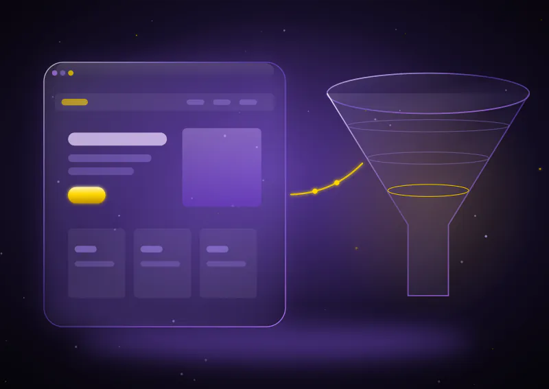 Digital marketing CRM interface with sales funnel illustration.