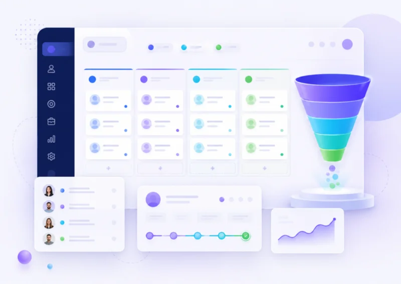 Digital marketing CRM interface with sales funnel illustration.