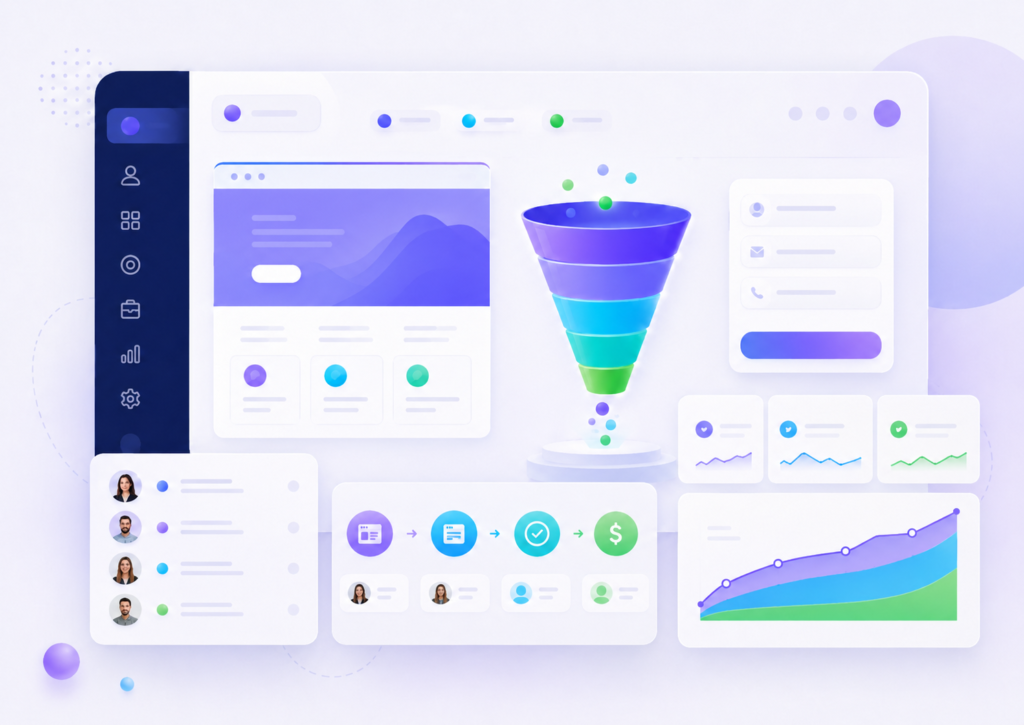 Illustration of digital marketing and CRM software interface.
