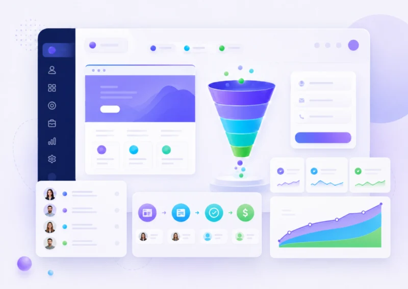 Illustration of digital marketing and CRM software interface.