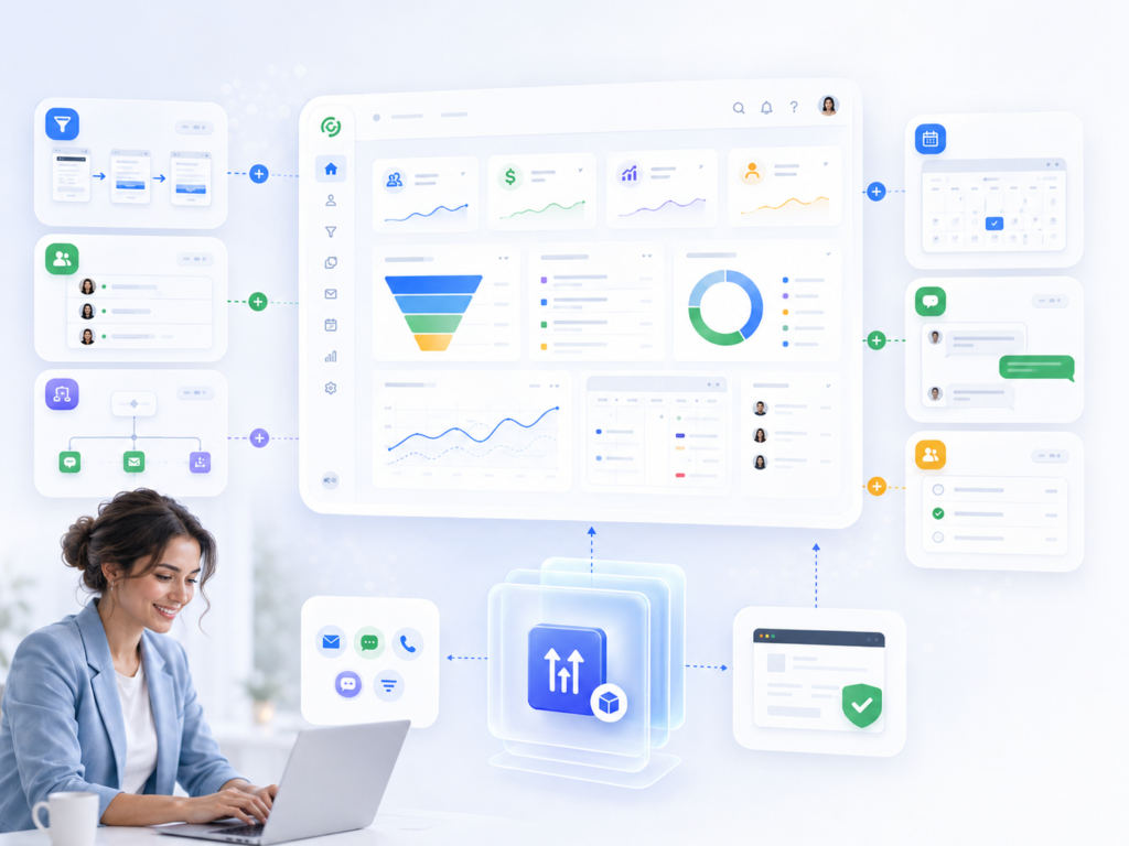 Visual of GoHighLevel CRM software with marketing tools
