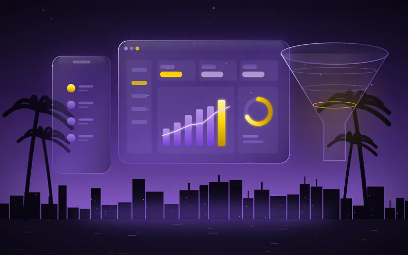 Digital marketing CRM dashboard with graphs and sales funnel