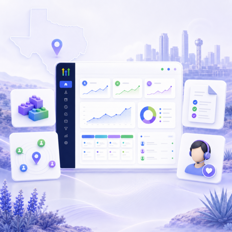 GoHighLevel CRM dashboard with analytics and icons.