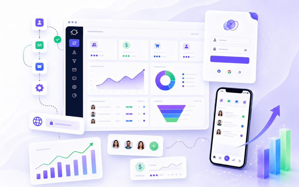 Digital marketing dashboard with CRM software interface