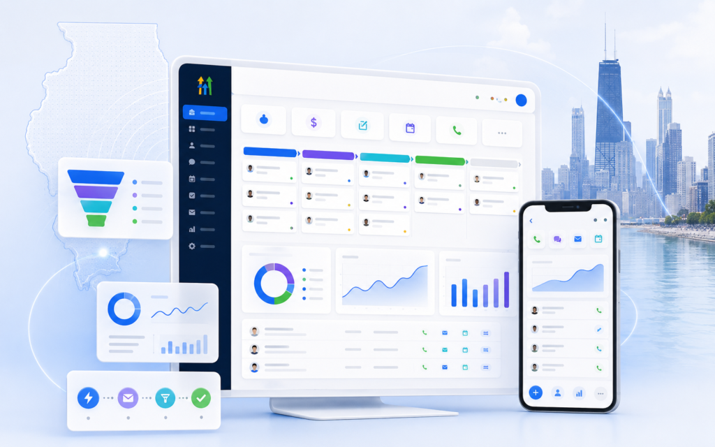 GoHighLevel CRM software dashboard on desktop and mobile