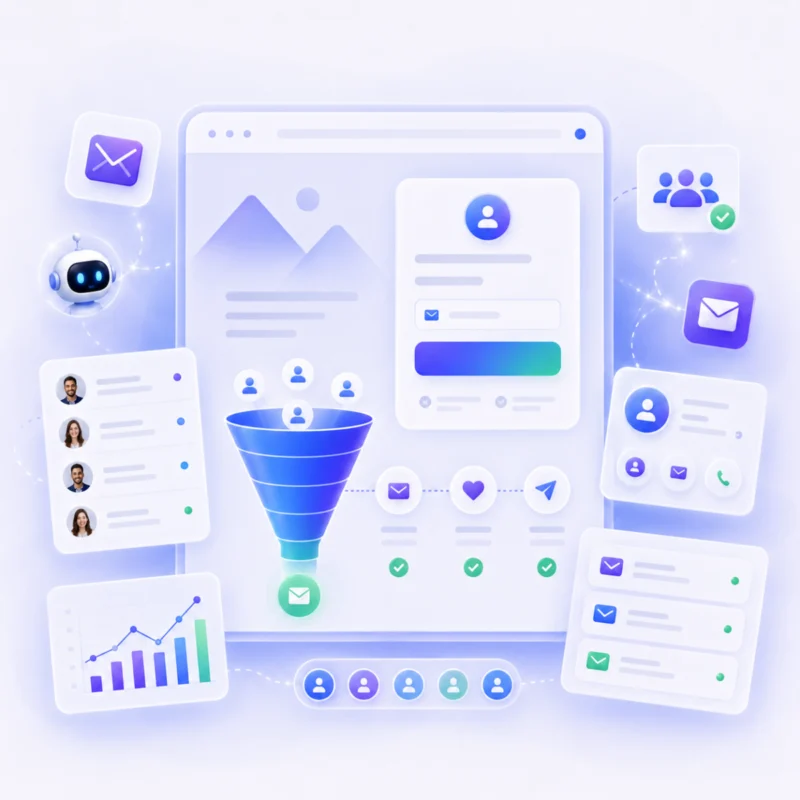 GoHighLevel CRM dashboard with sales funnel illustration.