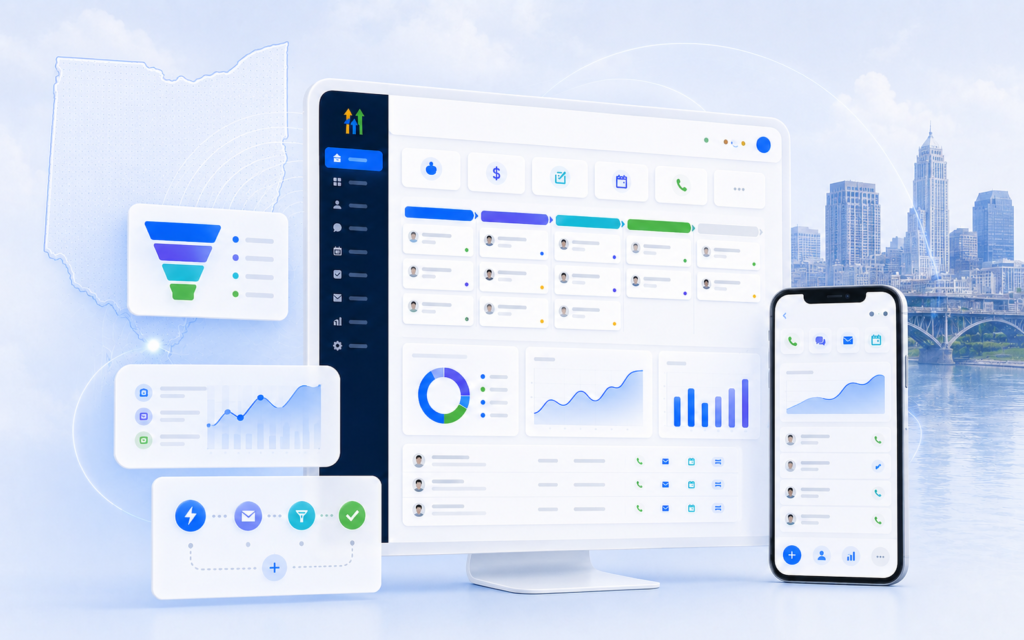CRM software interface on desktop and mobile devices