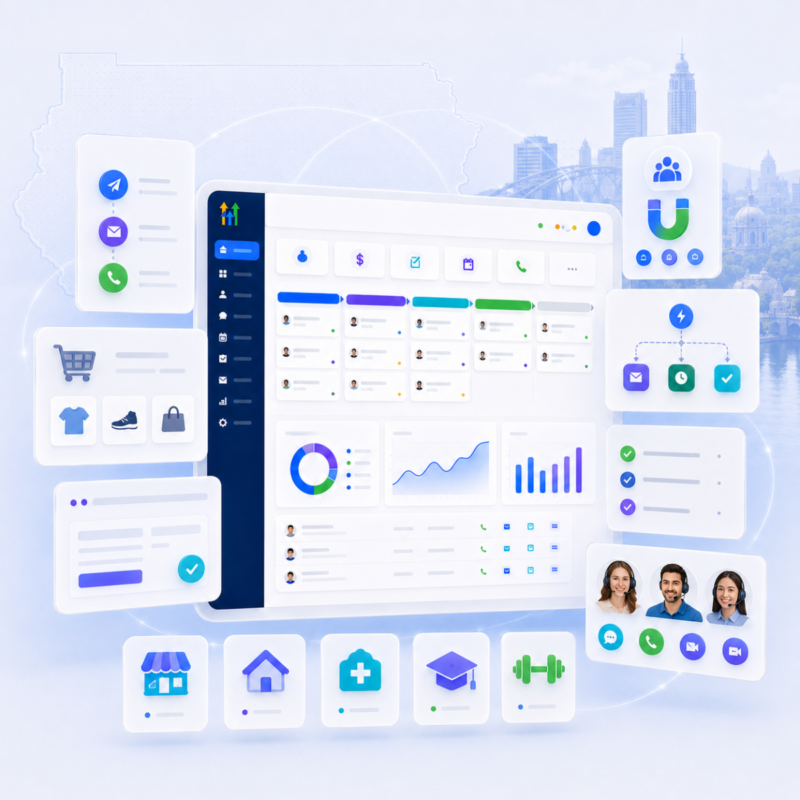Digital marketing CRM dashboard with various icons.