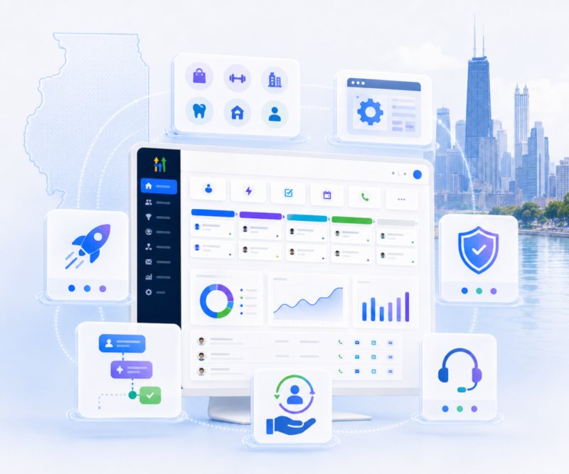 GoHighLevel CRM software interface with Chicago skyline.