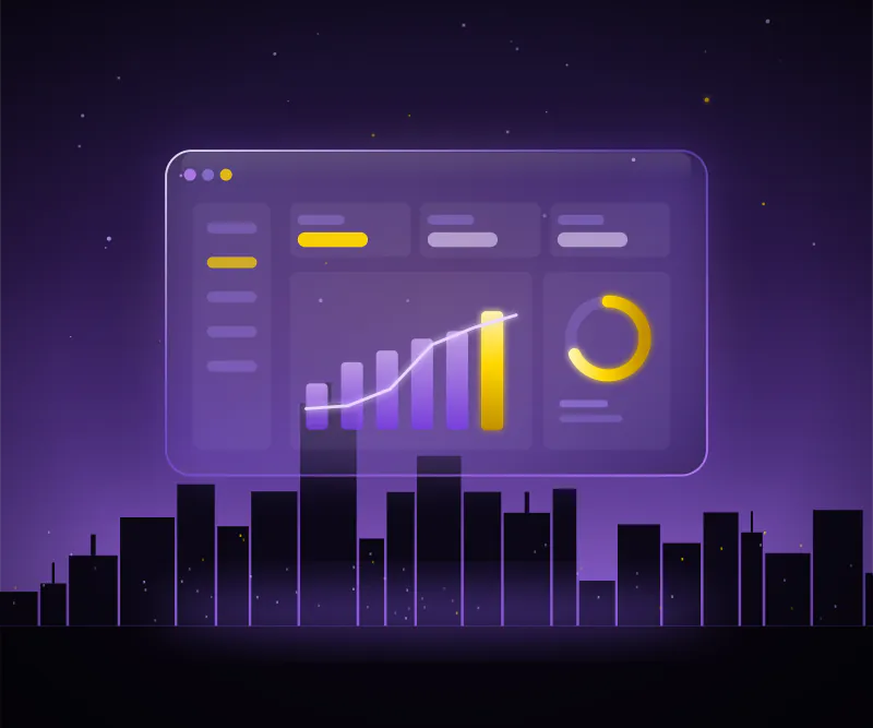 Digital marketing dashboard with graphs and icons
