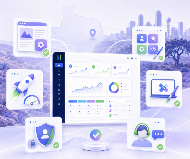 Digital marketing dashboard with graphs and icons