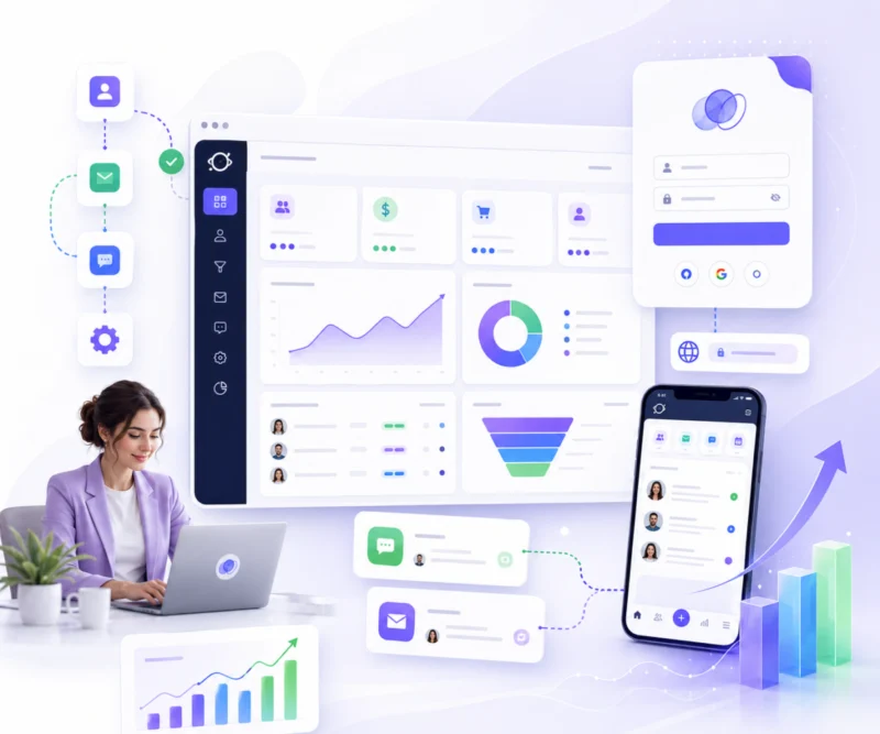 Woman using digital marketing software with analytics dashboard.