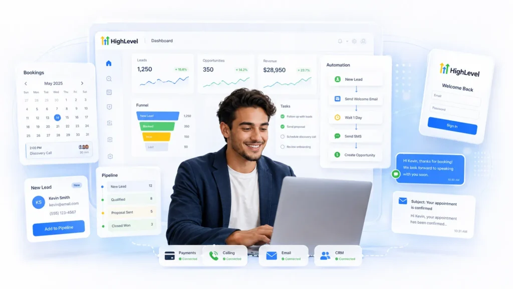 Man using GoHighLevel CRM software on a laptop.