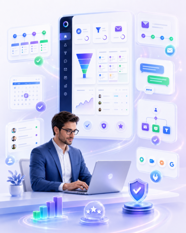 Man using CRM software on a laptop with digital marketing visuals.