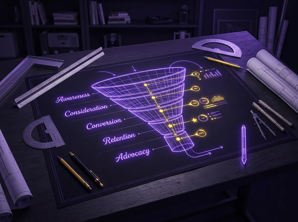 Funnel strategy blueprint with gold conversion points