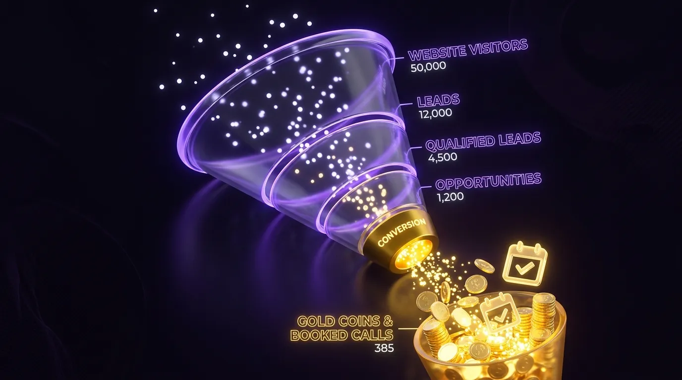 3D sales funnel turning website visitors into booked calls and revenue