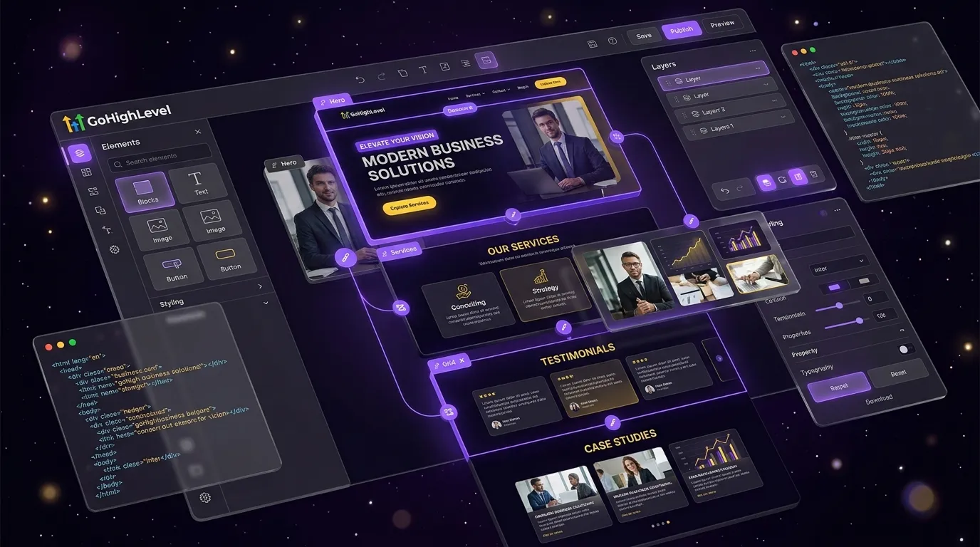 Custom GoHighLevel website being built in a premium dark builder interface