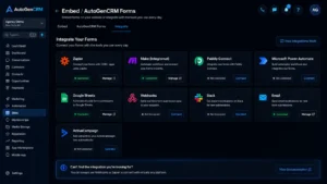 The Integrate tab in the GoHighLevel form builder where the embed code is copied