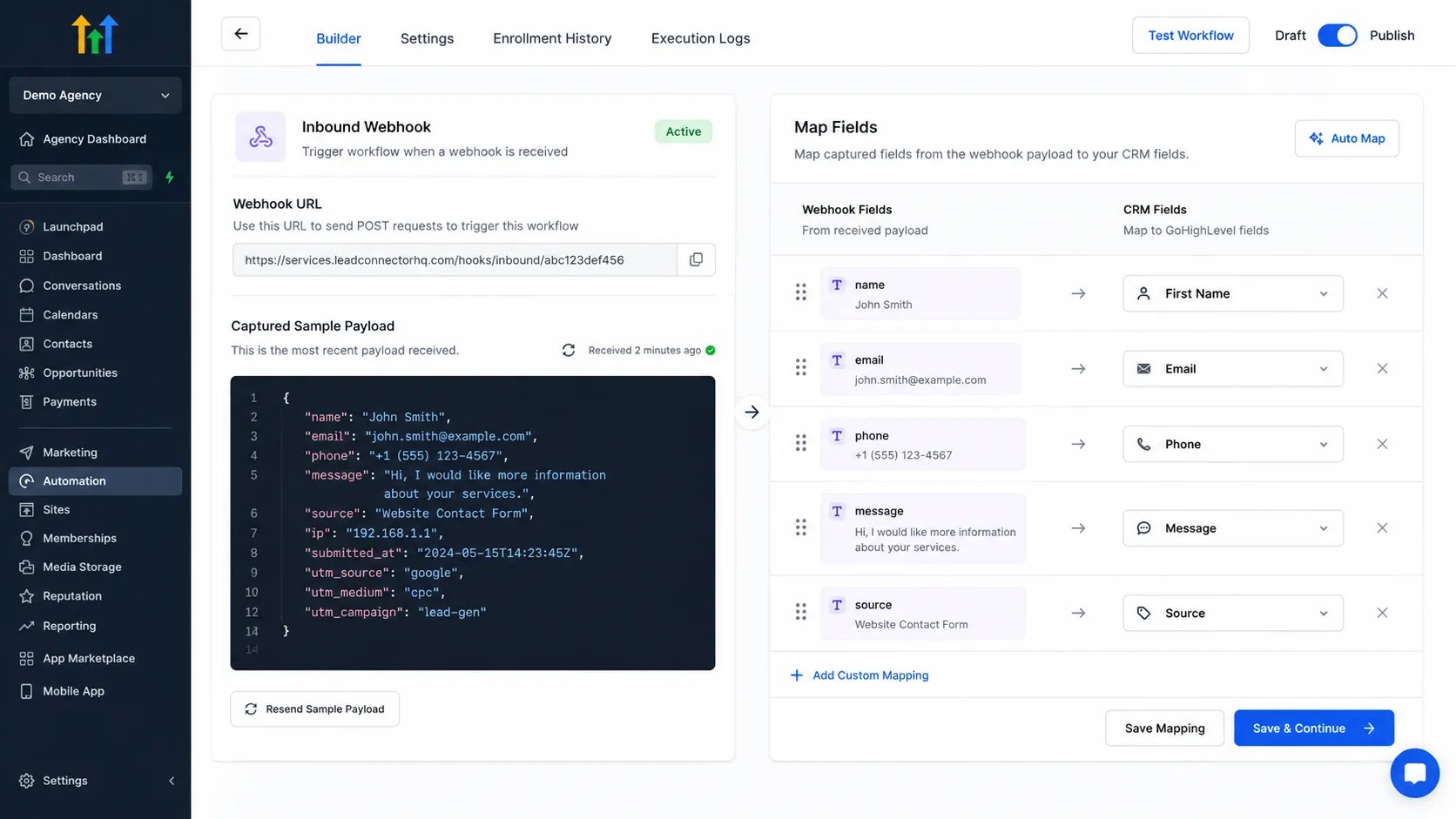 The GoHighLevel inbound webhook trigger showing captured fields ready to map