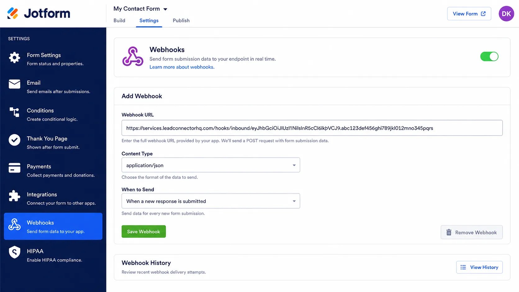 The Webhooks section in Jotform settings with a GoHighLevel inbound webhook URL pasted in