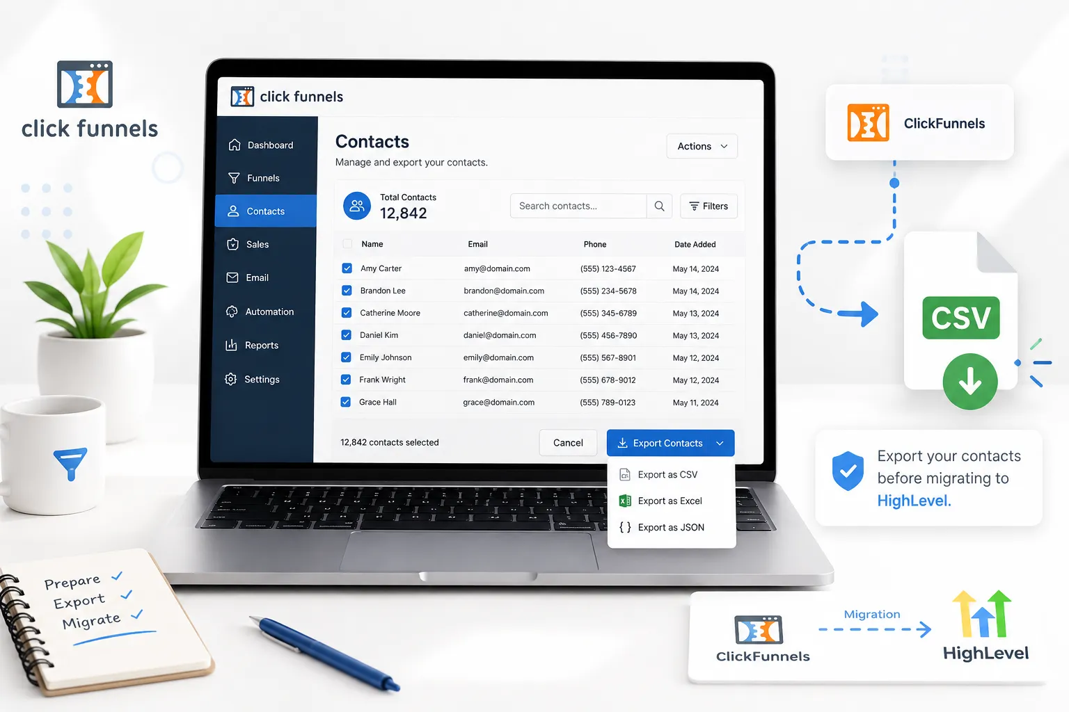 Exporting contacts from ClickFunnels before a ClickFunnels to HighLevel migration