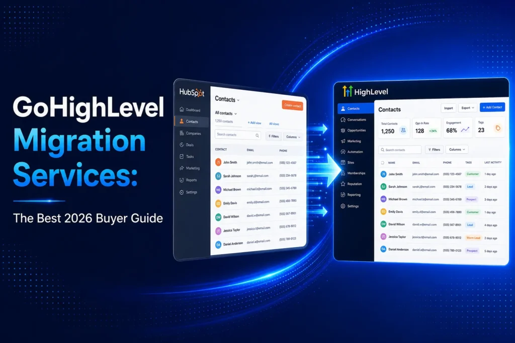 GoHighLevel migration services buyer guide showing CRM data moving into a new HighLevel account