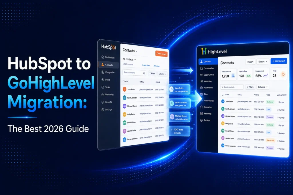 HubSpot to GoHighLevel migration guide showing contacts moving between both CRM dashboards