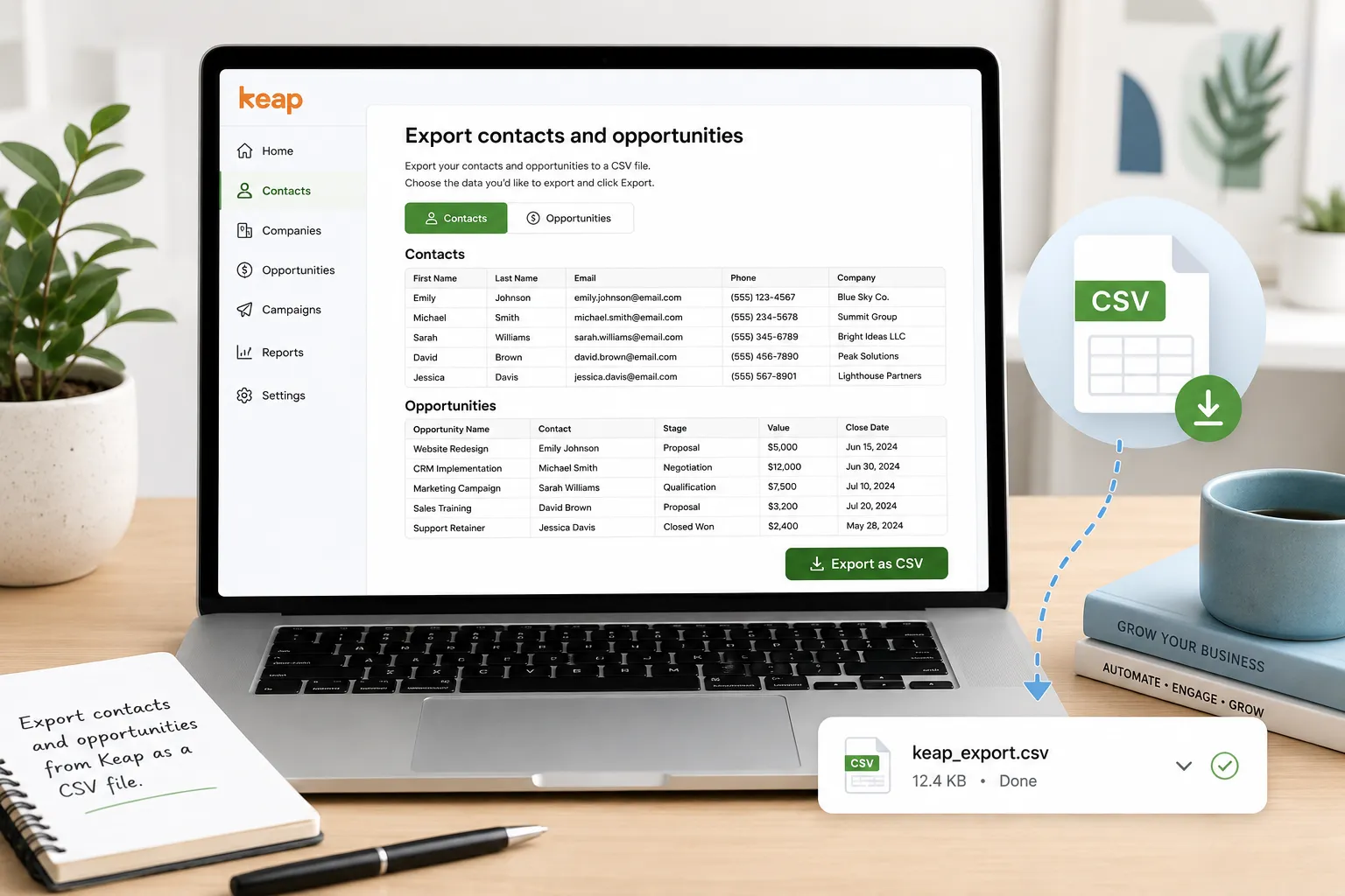 Exporting contacts and opportunities from Keap as a CSV file