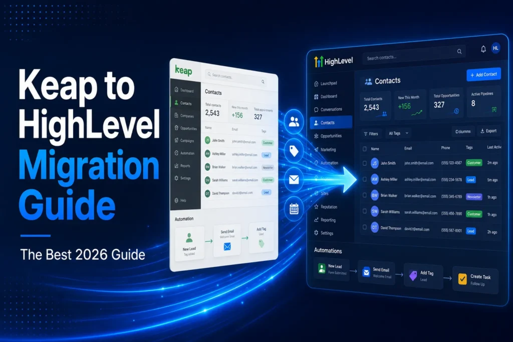 Keap to HighLevel migration guide showing contacts moving into a new CRM