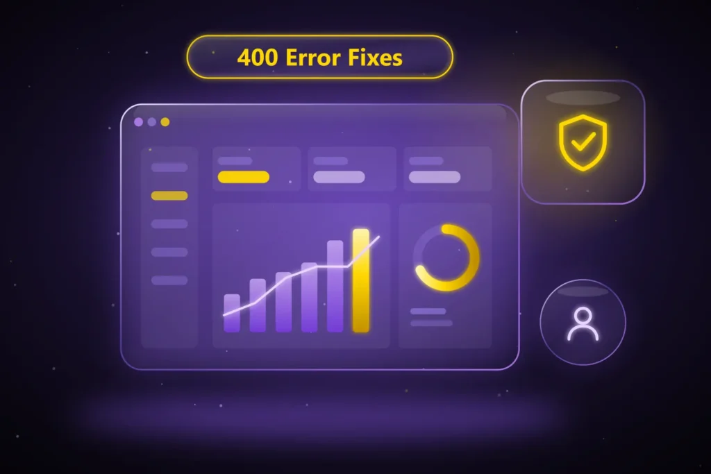 GoHighLevel 400 error fixes illustration with a dashboard and shield icon