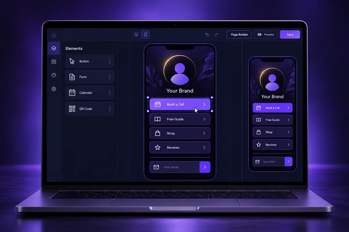 GoHighLevel link in bio page being built in the funnel page builder with a mobile preview