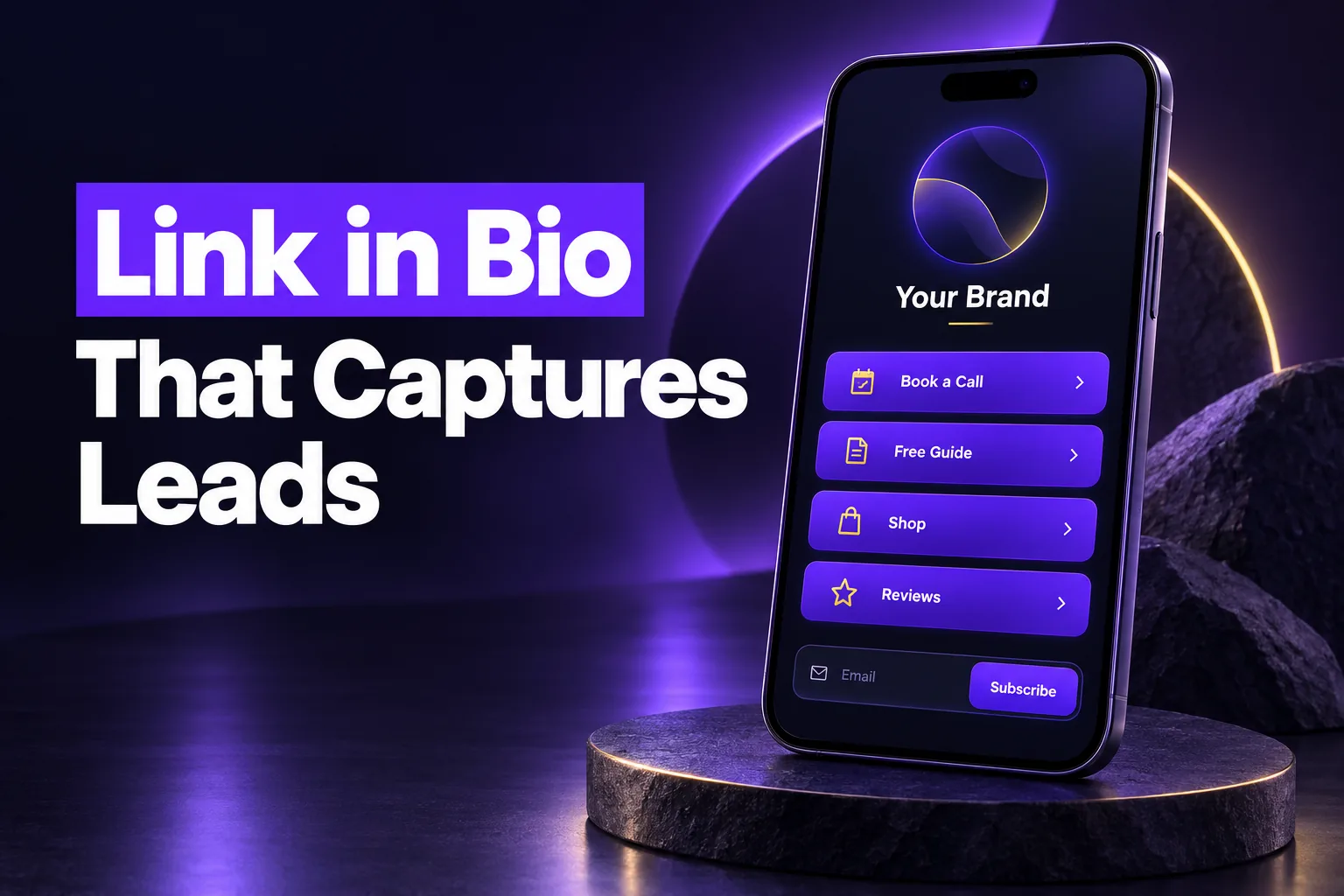 GoHighLevel link in bio page on a phone with book a call, free guide and email opt-in buttons
