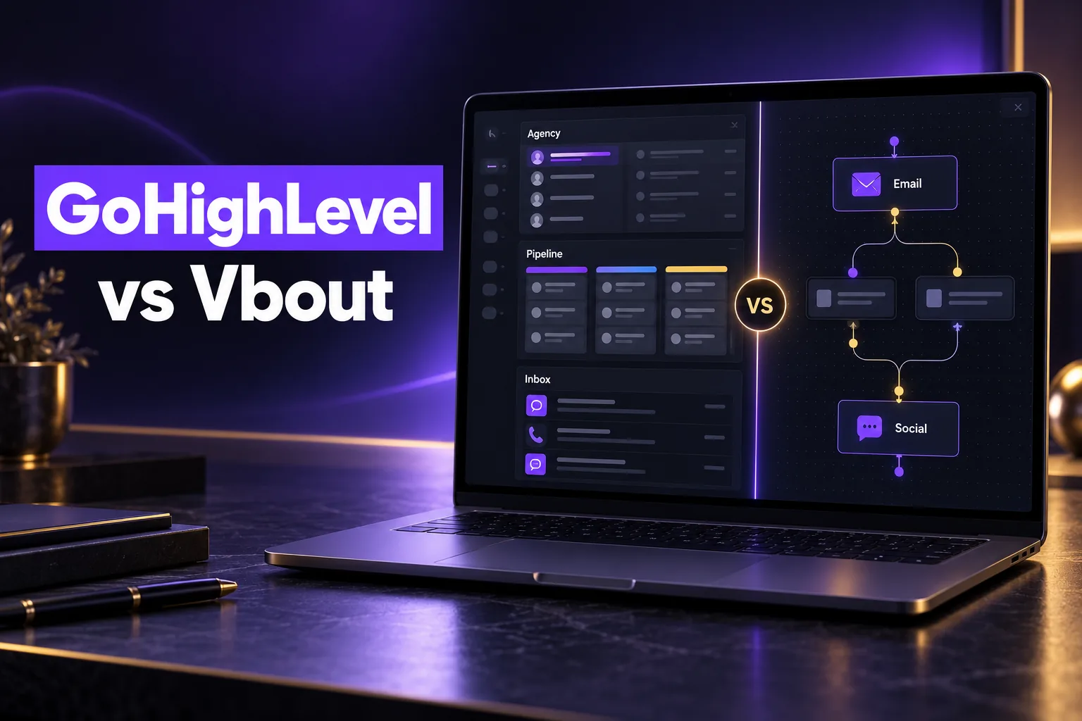 GoHighLevel vs Vbout marketing automation comparison on a laptop